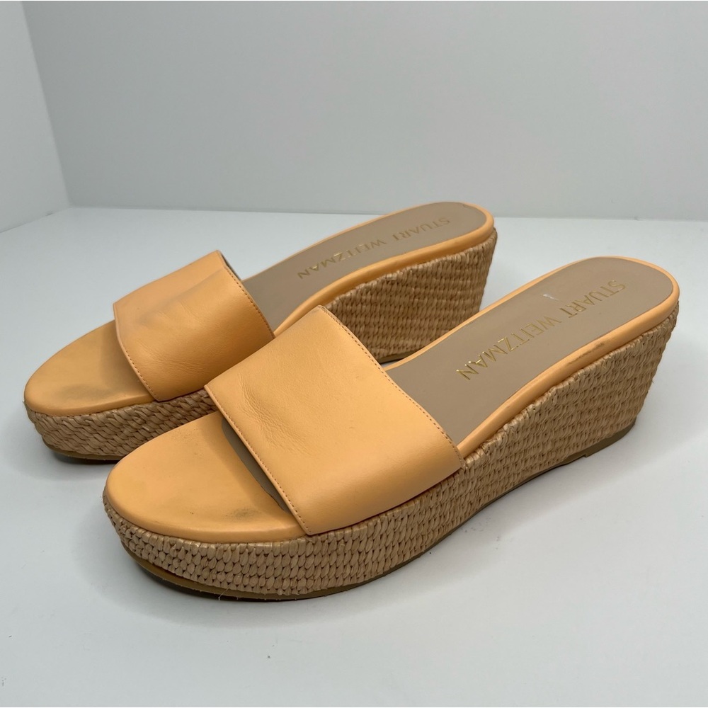 Stuart Weitzman Yellow Leather Espadrille Wedge Slide Sandals